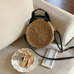 Korean Style Round Woven Paper Straw Crossbody Bag Small Handheld Beach Vacation Purse