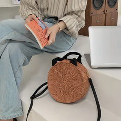Korean Style Round Woven Paper Straw Crossbody Bag Small Handheld Beach Vacation Purse