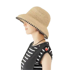 Raffia Straw Wide Brim Sun Hat for Women Black Trim Beach Holiday Bucket Hat, 5860 cm