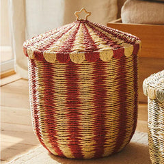 Circus Stripe Woven Laundry Basket with Lid – Paper Rope Toy & Clothes Storage Bin for Nursery, Kids’ Room & Laundry, 2 Sizes