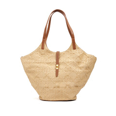 Large Capacity Straw Bucket Tote PP Straw and Leather Commuter Shoulder Bag with Lock Closure, Casual Daily Handbag