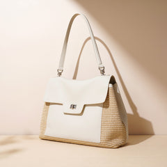 Leather Raffia Straw Tote Bag Large Woven Shoulder & Crossbody Handbag with Lock Closure for Work and Casual