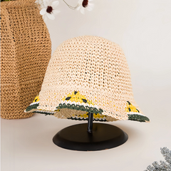 Kids Paper Straw Sun Hat 52cm | Wide Brim Summer Beach Bucket Hat with Watermelon Detail