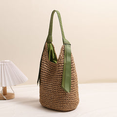 Japanese streamer shoulder straw bag, new large-capacity solid color woven bag, seaside resort beach bag, fashion straw bag