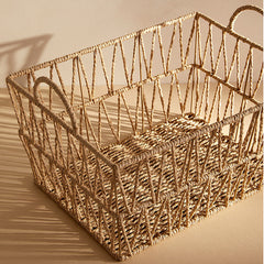 Handwoven Paper Rope Storage Basket with Handles Breathable Hollow Design Organizer for Towels, Clothes, Toys & Daily Essentials