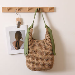 Japanese streamer shoulder straw bag, new large-capacity solid color woven bag, seaside resort beach bag, fashion straw bag