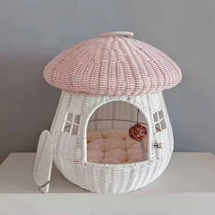 Mushroom-Shaped Woven Pet House Indoor/Outdoor PP Rattan Cat & Small Dog Bed, Enclosed Cozy Pet Shelter