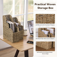 Seagrass Magazine Holder Handwoven File Organizer Basket for Living Room & Home Office, Scalloped Design, 2 Sizes