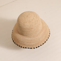 Raffia Straw Wide Brim Sun Hat for Women Black Trim Beach Holiday Bucket Hat, 5860 cm