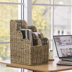 Seagrass Magazine Holder Handwoven File Organizer Basket for Living Room & Home Office, Scalloped Design, 2 Sizes