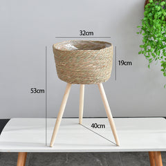 Woven Grass Planter Basket on Stand Nordic Indoor Plant Holder for Living Room & Balcony