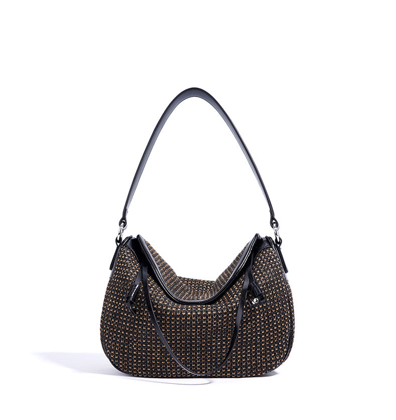 PP Straw Woven Hobo Shoulder Bag Microfiber Leather Slouchy Crossbody, Medium Dumpling Shape Everyday Handbag