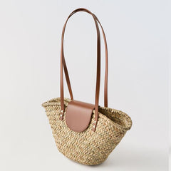 Natural Grass Shoulder Bag with Flap Woven Shell-Shape Straw Handbag, Beach Vacation Tote, Casual Summer Purse
