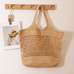 French-Style Hollow Woven Tote Large-Capacity Straw Shoulder Bag with Open-Top Design for Daily Use & Beach Outfits