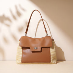 Leather Raffia Straw Tote Bag Large Woven Shoulder & Crossbody Handbag with Lock Closure for Work and Casual