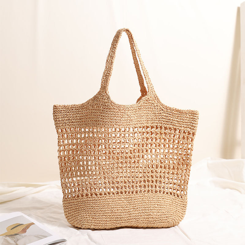 French-Style Hollow Woven Tote Large-Capacity Straw Shoulder Bag with Open-Top Design for Daily Use & Beach Outfits