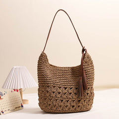 Heart Tassel Woven Straw Shoulder Bag Hollow Out Beach Handbag for Vacation Travel