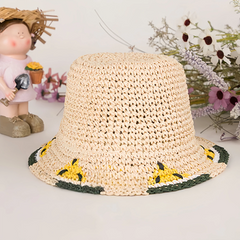 Kids Paper Straw Sun Hat 52cm | Wide Brim Summer Beach Bucket Hat with Watermelon Detail