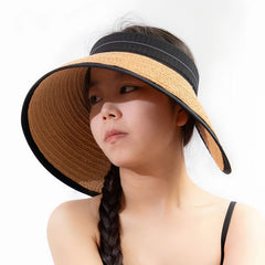 Raffia Wide-Brim Open-Top Sun Visor Hat for Women | Khaki Breathable UV-Shade Summer Hat