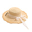 Raffia Straw Flat Top Sun Hat with Ribbon Wide Brim Beach Vacation Hat for Women