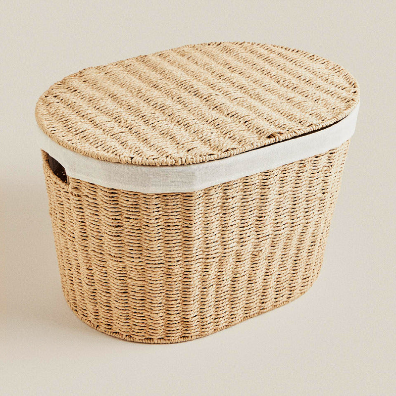 Handwoven Paper Rope Laundry Basket with Lid Clothes Storage Bin, Bedroom Organizer, Dust-Proof & Moisture-Resistant Hamper (52×40×36cm)