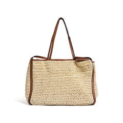 Leather Raffia Straw Tote Bag Large Woven Shoulder & Crossbody Handbag with Lock Closure, Classic Everyday Work Bag