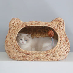 Washable Woven Cat Bed Semi-Enclosed Rattan-Style Pet House with Cushion, All-Season Cozy Nest for Cats & Small Dogs