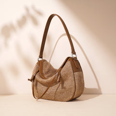 PP Straw Woven Hobo Shoulder Bag Microfiber Leather Slouchy Crossbody, Medium Dumpling Shape Everyday Handbag