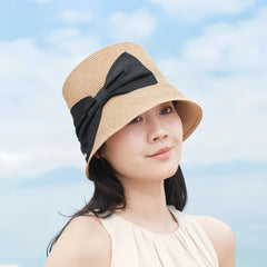 French Vintage Short Brim Straw Bucket Hat for Women, Summer Plant Fiber Sun Hat with Bow, 5658cm