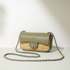 Mini Leather Straw Crossbody Bag Colorblock Woven Chain Shoulder Bag for Spring Summer