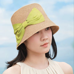 French Vintage Short Brim Straw Bucket Hat for Women, Summer Plant Fiber Sun Hat with Bow, 5658cm