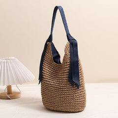Japanese streamer shoulder straw bag, new large-capacity solid color woven bag, seaside resort beach bag, fashion straw bag