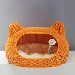 Washable Woven Cat Bed Semi-Enclosed Rattan-Style Pet House with Cushion, All-Season Cozy Nest for Cats & Small Dogs