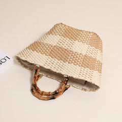 Elegant Grid Woven Top Handle Tote Bag Bamboo Style Handle Straw-Look Beach Handbag