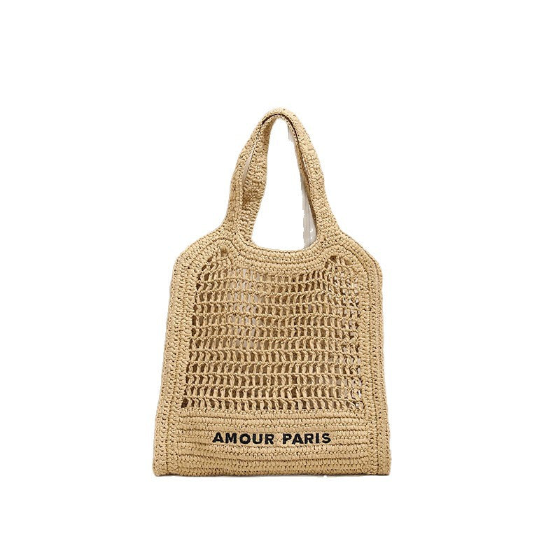 Hollow Out Straw Tote Bag Large Capacity Letter Embroidery Woven Beach Shoulder Bag