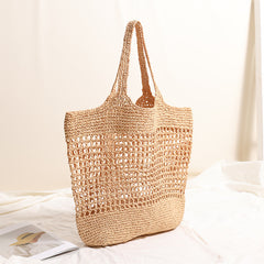 French-Style Hollow Woven Tote Large-Capacity Straw Shoulder Bag with Open-Top Design for Daily Use & Beach Outfits