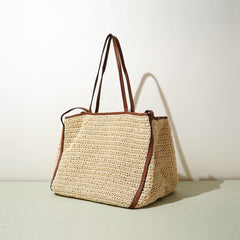 Leather Raffia Straw Tote Bag Large Woven Shoulder & Crossbody Handbag with Lock Closure, Classic Everyday Work Bag