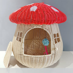 Mushroom-Shaped Woven Pet House Indoor/Outdoor PP Rattan Cat & Small Dog Bed, Enclosed Cozy Pet Shelter