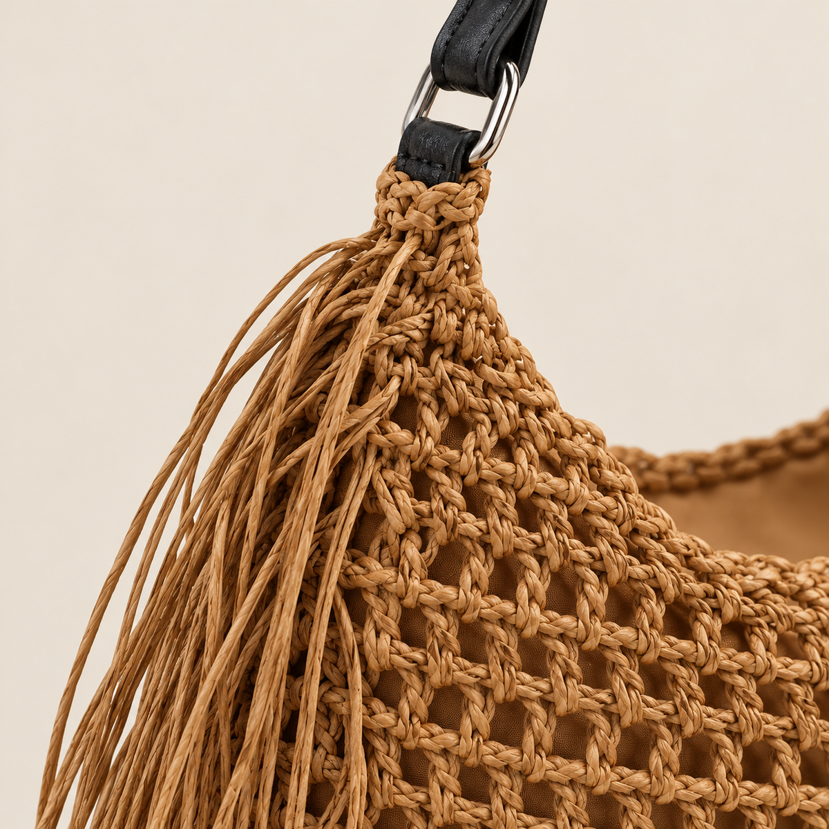 Tassel Woven Tote, close-up of the open crochet texture