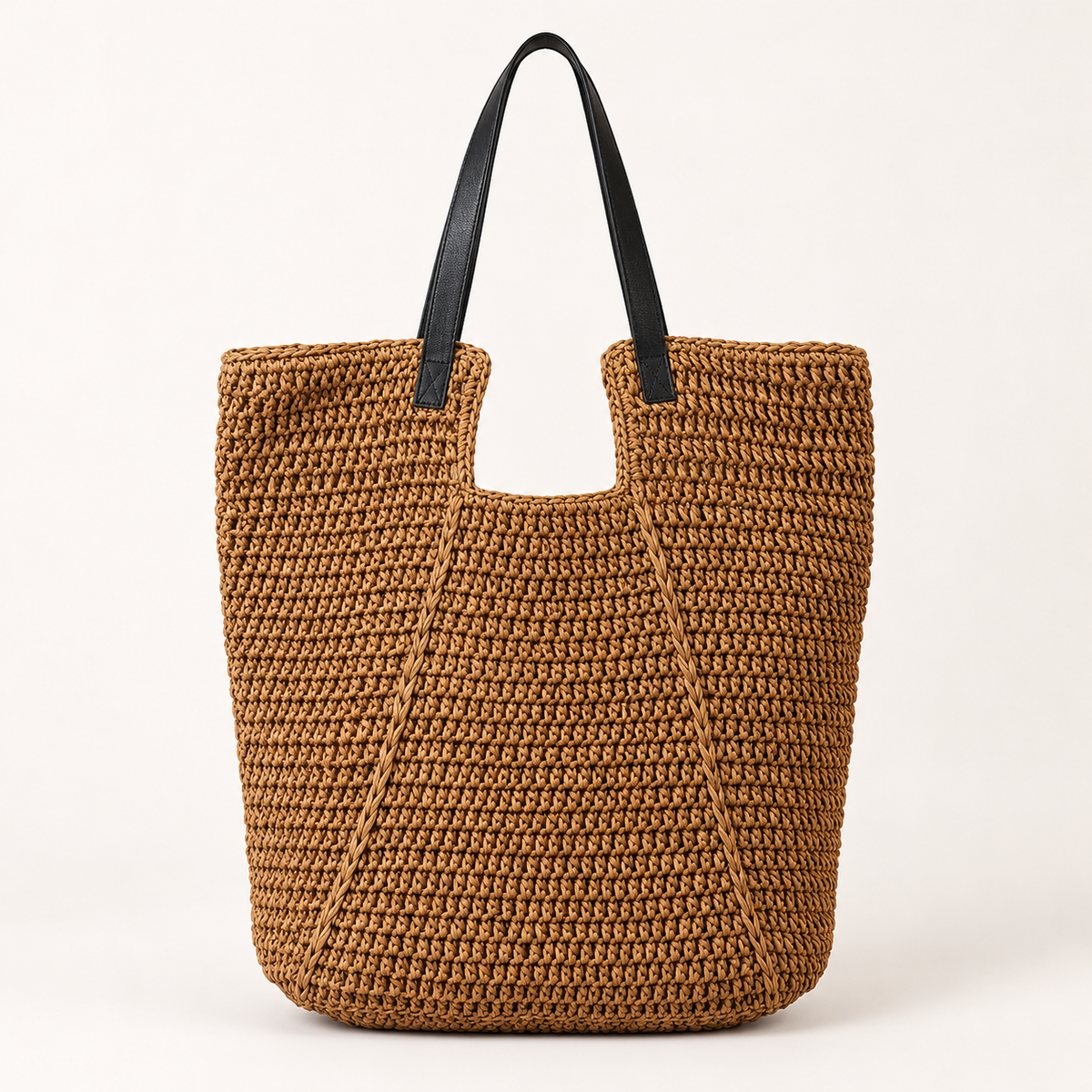 Relaxed Woven Shoulder Bag in tawny brown, front view with black handles and a deep U-shaped opening