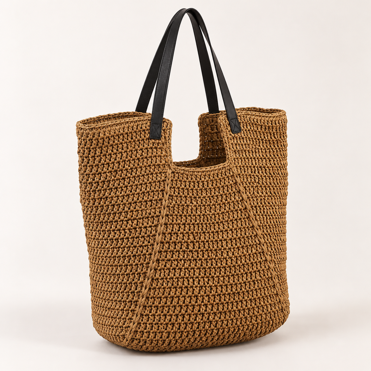 Relaxed Woven Shoulder Bag, angled view showing black handles and a deep U-shaped opening