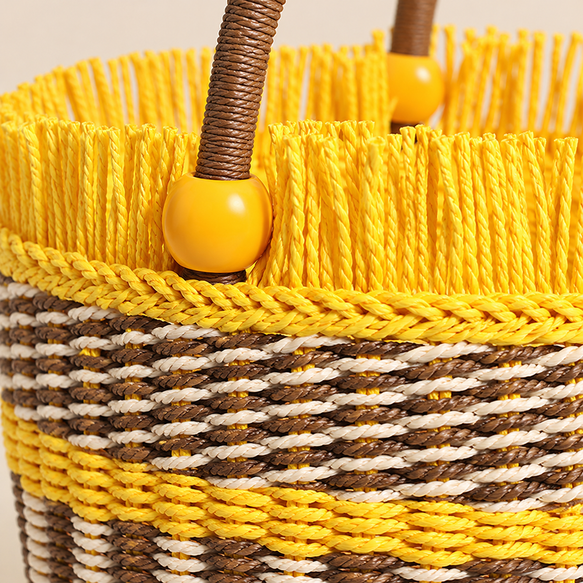 Wooden Bead Bucket Bag, close-up of the woven texture and handle attachment