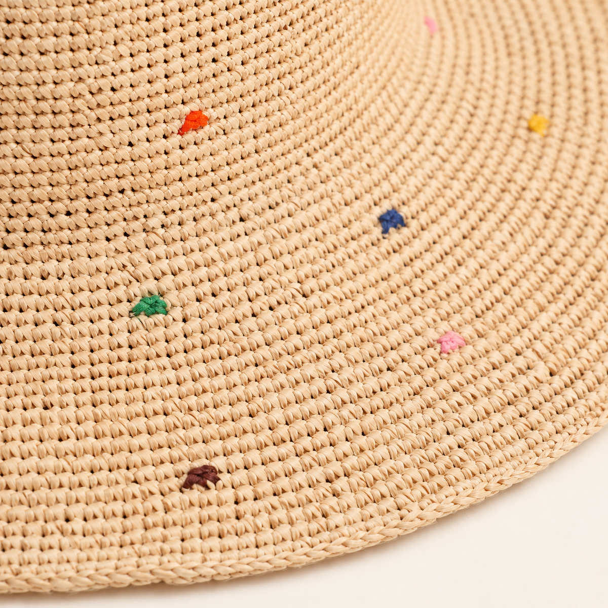 Color Dot Sun Hat, close-up of the straw weave and colourful threads