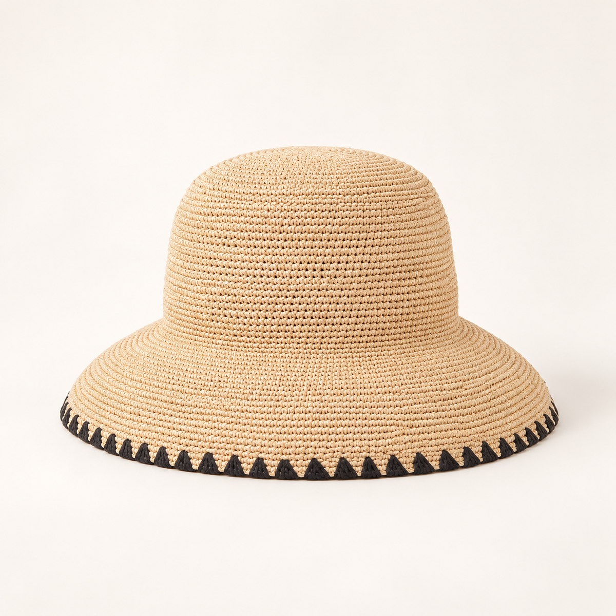 Black Trim Straw Hat in natural straw, front view with a black ribbon and black brim binding