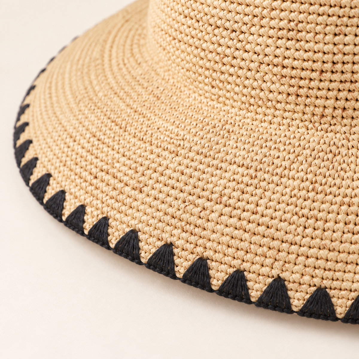 Black Trim Straw Hat, close-up of the woven brim and black edge binding
