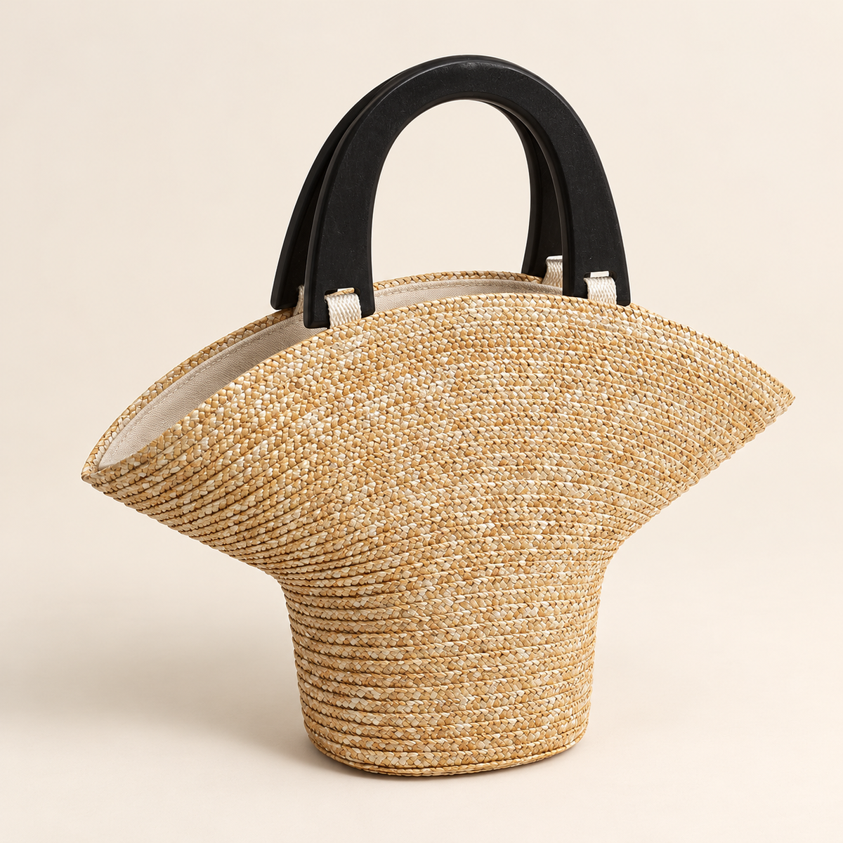 Wood Handle Barrel Bag, angled view showing black U-shaped handles