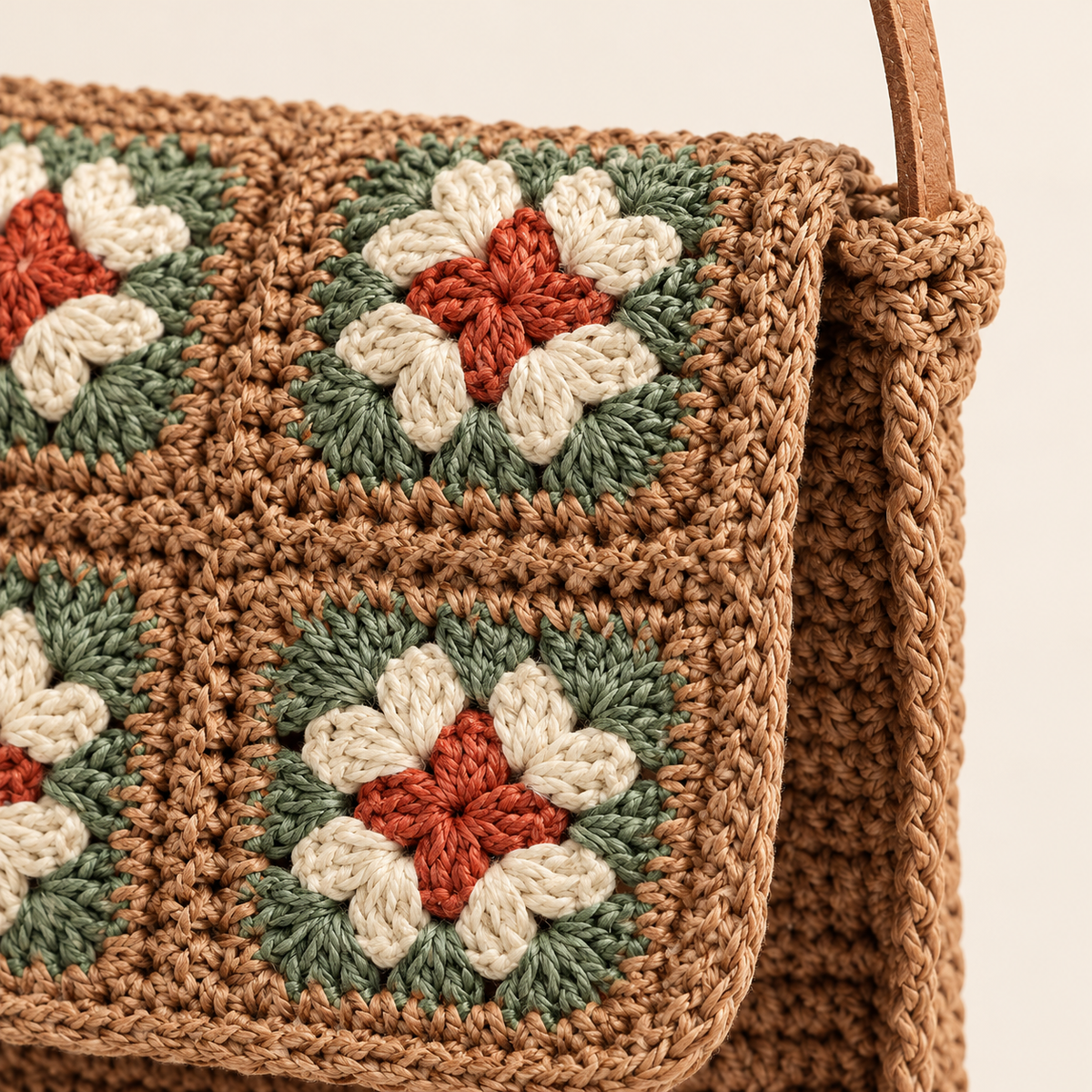 Floral Woven Crossbody, close-up of the floral granny-square crochet