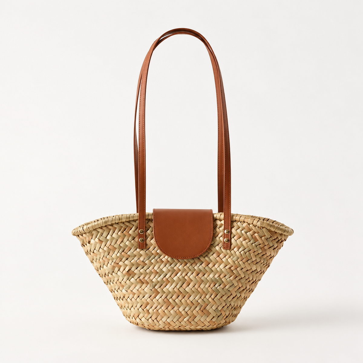 Shell Shape Shoulder Bag in natural tan, front view with brown handles and a matching flap