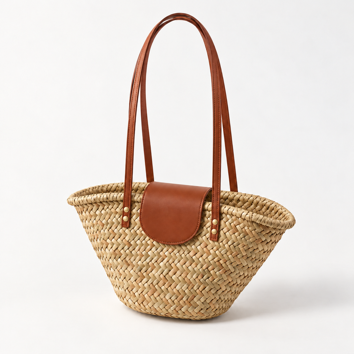 Shell Shape Shoulder Bag, angled view showing brown handles and a matching flap