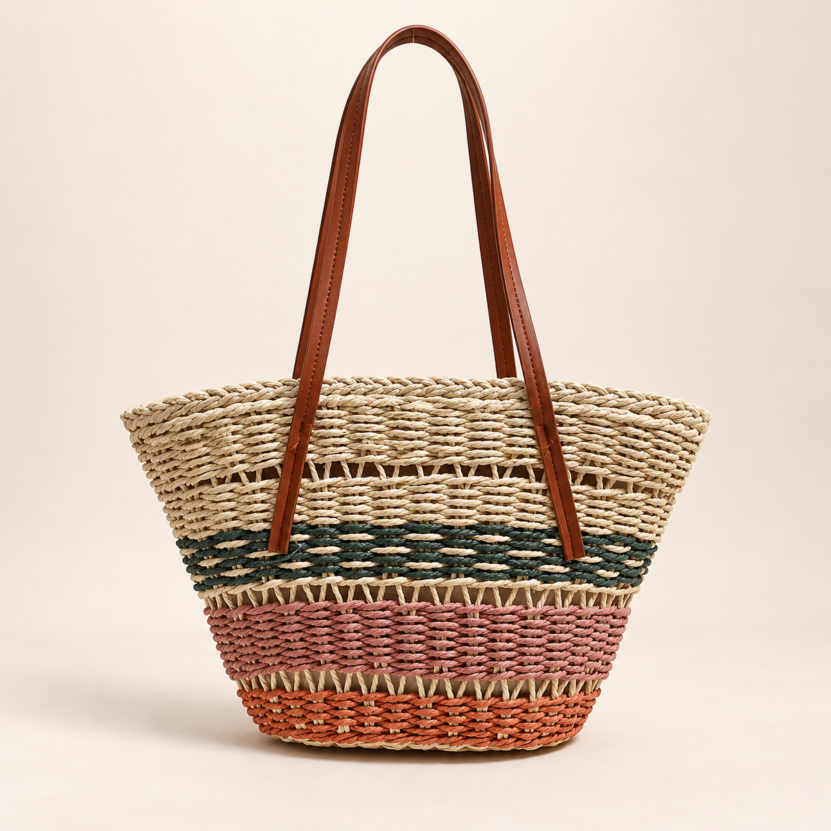 Color Block Basket Tote in natural straw, front view with green, pink and orange woven bands